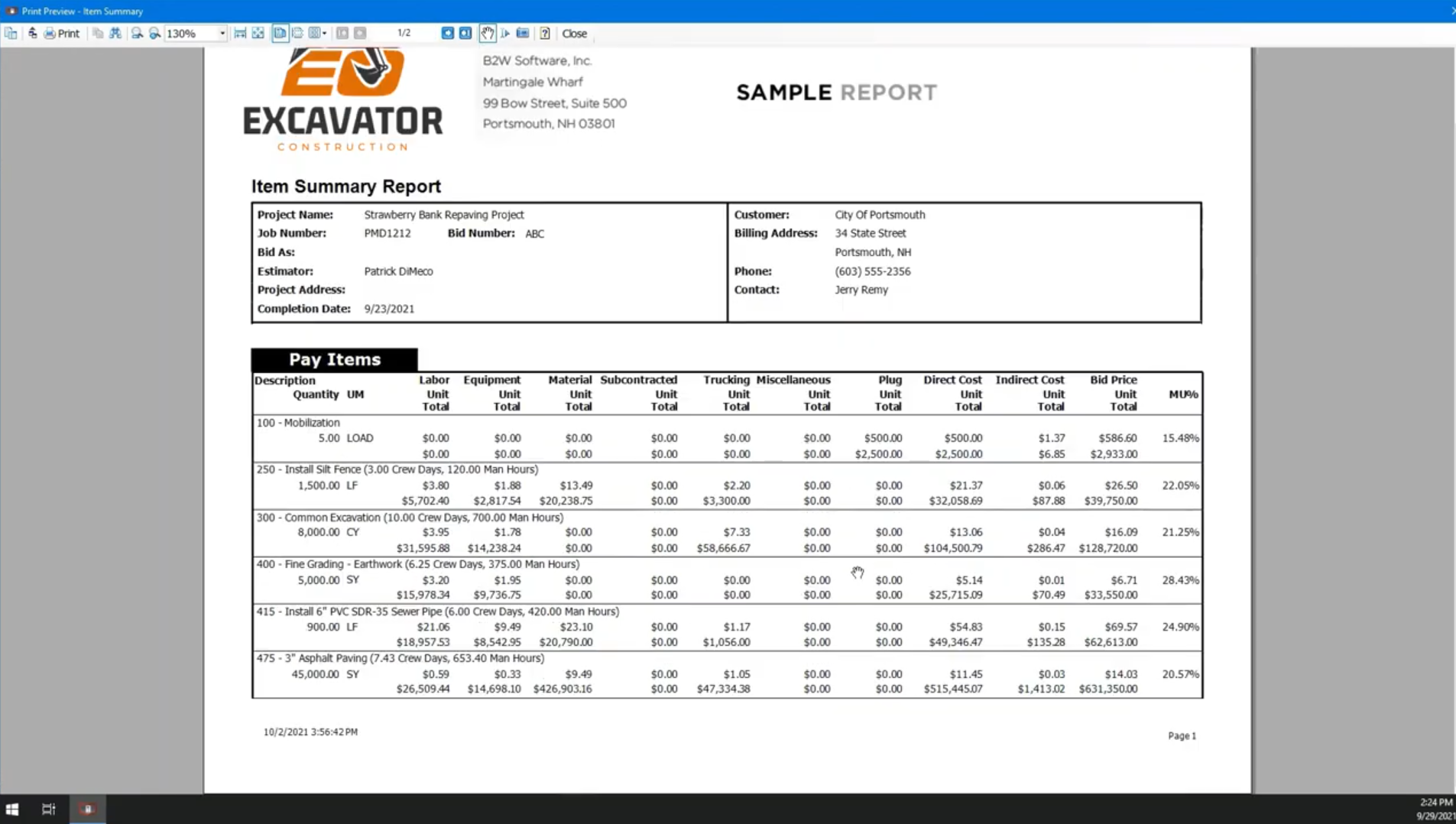 screenshot of B2W Estimate